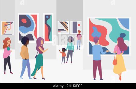 Exhibition gallery visitors viewing trendy abstract paintings pictures in modern art gallery vector illustration Stock Vector