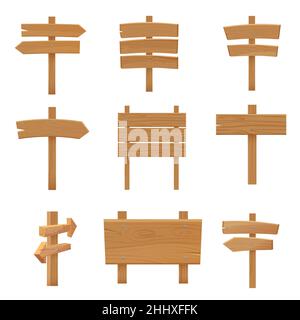 Wooden pointers signboards set cartoon vector illustration Stock Vector