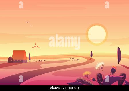 Solar rural landscape in sunset with hills, small house, wind turbine vector illustration Stock Vector