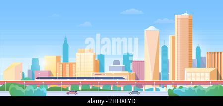 Panorama of city subway, urban cityscape with modern metro train on railway bridge skyline Stock Vector