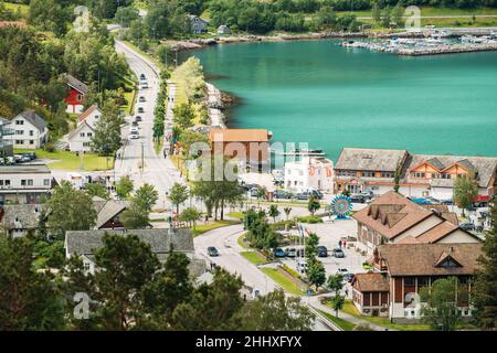 Eidfjord, Hordaland County, Hardanger Region, Hardangerfjord, Norway. Aerial View Of Central Street Of Eidfjord Town Stock Photo