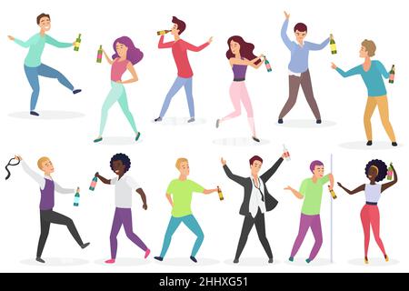 Funny drunk people set. Men and women with bottles of alcohol drinks isolated Stock Vector