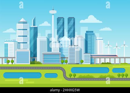 Urban modern cityscape landscape with high skyscrapers and subway vector illustration Stock Vector