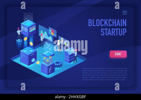 Cryptocurrency blockchain startup isometric ultraviolet light landing page template Stock Vector