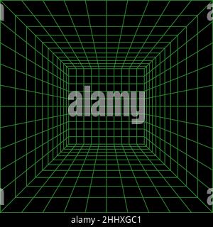 Wireframe perspective cube. 3d wireframe grid room. 3d perspective laser grid. Cyberspace black background with green mesh. Futuristic digital hallway Stock Vector