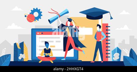 Graduate school, online education concept vector illustration. Cartoon happy student people training at webinar, online course or school, graduated ch Stock Vector