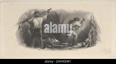 Banknote vignette showing two men working in a mine ca. 1824–37 Attributed to Asher Brown Durand American. Banknote vignette showing two men working in a mine  393926 Stock Photo