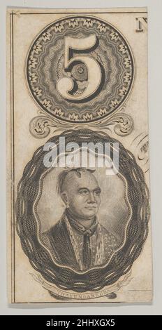 Banknote motifs: the number 5 and a portrait of Thayendanegea ca. 1824–37 Attributed to Asher Brown Durand American This portrait of the Mohawk chief Thayendanegea (Joseph Brant) was created to adorn banknotes engraved by A. B. C. Durand & Co. Small proofs like this were used to design notes for individual banks (American paper currency was printed by various private companies until 1869 and standarized designs for notes introduced only in 1929). Political and military leaders were often portrayed, but the choice of Thayendanego is unusual since he fought for the British during the Revolutiona Stock Photo