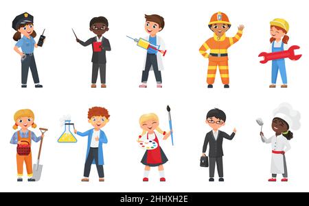 Kids in different professions and poses vector illustration set. Cartoon flat happy child character collection of children wearing professional worker Stock Vector