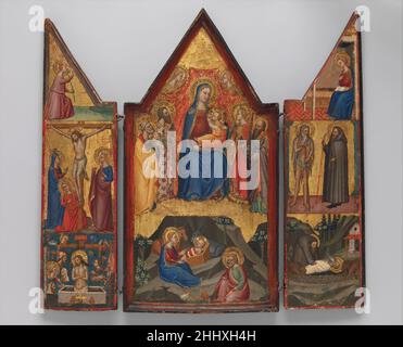Madonna and Child Enthroned with Saints Peter, Bartholomew, Catherine of Alexandria, and Paul, and (below) the Nativity; left wing (top to bottom): Annunciatory Angel, Crucified Christ with the Virgin, Saints Mary Magdalen and John, and Christ as the Man of Sorrows; right wing (top to bottom): Virgin Annunciate, Saints Onophrius and Paphnutius, and Saint Onophrius Buried by Saint Paphnutius. ca. 1380–90 Matteo di Pacino Italian. Madonna and Child Enthroned with Saints Peter, Bartholomew, Catherine of Alexandria, and Paul, and (below) the Nativity; left wing (top to bottom): Annunciatory Angel, Stock Photo