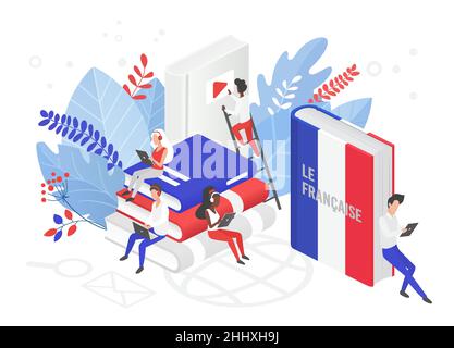 Online French language courses isometric 3d vector illustration. Distance education, remote school, France university. Students reading books Internet Stock Vector