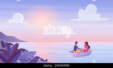 Young couple floating at wooden boat with romantic sunset, spend time together riding boat Stock Vector