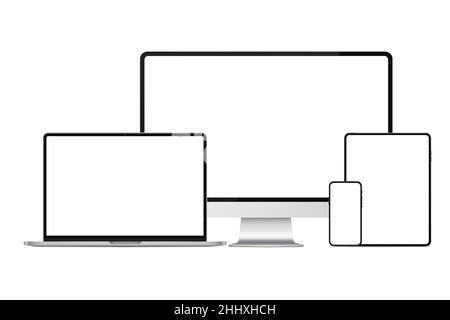 New version of silver metal modern premium electronic devices set mockup Stock Vector