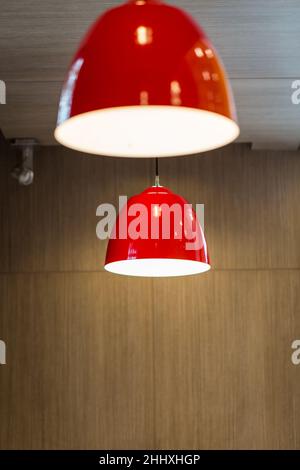 Arrangement of Red Ceiling light hanging lighting background Stock Photo