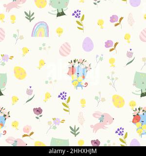 Seamless Pattern with Funny Cats and Easter Elements Stock Vector