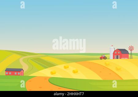 Autumn sunny eco harvesting farm landscape with agriculture vehicles, windmill, silage tower and hay. Colorful flat vector illustration Stock Vector