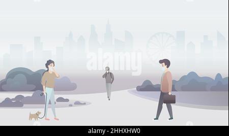 Sad people suffer from air pollution and wear protective masks. Industrial smog city background Stock Vector