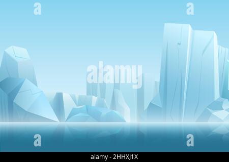 Winter arctic landscape with iceberg in dark blue pure water and snow mountains hills in soft white fog vector illustration Stock Vector