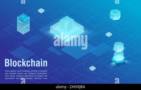Blockchain technology structure abstract isometric vector illustration background. Blue virtual scheme distributed protected database with blocks as g Stock Vector