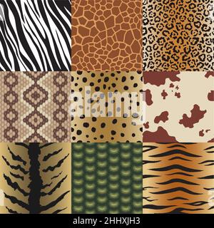 Seamless animal skin patterns set. Safari textile of Giraffe, tiger, zebra, leopard, reptile, cow, snake and jaguar background collection vector illus Stock Vector