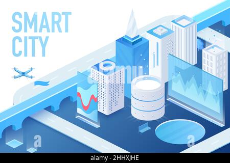 Isometric model of modern smart city with data centers, servers and matrix blockchain building vector illustration Stock Vector