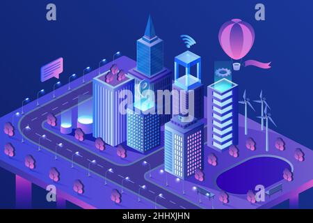 Modern smart city isometric vector illustration. Intelligent AI skyscrapers buildings. Computer network, internet of things concept. Data center, serv Stock Vector