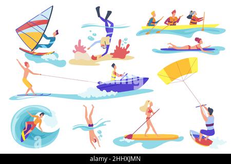 Flat cartoon different female male involved in water sports activities isolated on white background. Happy people swimming diving underwater, riding b Stock Vector