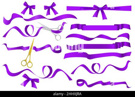Metal chrome and golden scissors cutting purple violaceous violet silk ribbon. Realistic opening ceremony symbols Tapes ribbons and scissors set. Gran Stock Vector