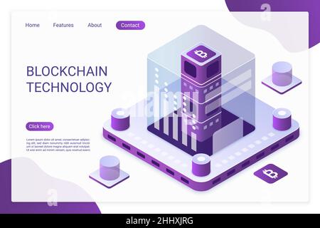 Blockchain technology .landing page vector template. Bitcoin financial transactions, e billing service website layout. Crypto mining, blockchain 3d co Stock Vector