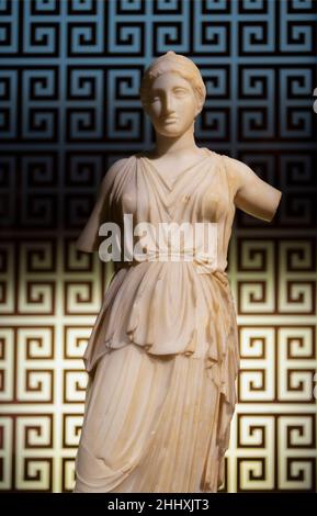 Marble statue of Athena (Goddess of Wisdom, Skills and Warfare) in Istanbul Archaeology Museum. 5th century BC from Leptis Magna. Stock Photo