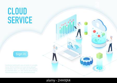 Inside work process of cloud service, big data website page isometric vector illustration Stock Vector
