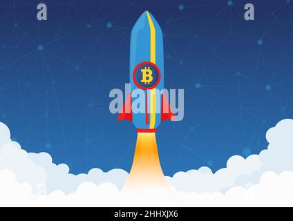 Bitcoin Cryptocurrency concept. Rocket flying to the moon with bitcoin icon. Crypto market rising. New investments. Crypto currency hype vector illust Stock Vector