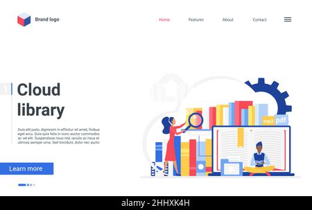 Cartoon flat tiny people reading online books and learning data information, landing page design for digital file library, mobile education, web datab Stock Vector