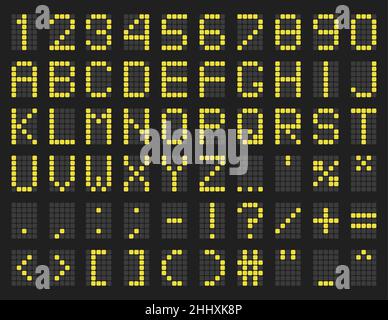 Airport schedule style typeface, timetable yellow alphabet template with numbers and symbols Stock Vector