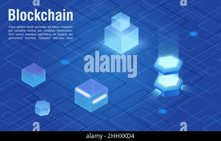 Modern virtual digital technology blockchain abstract isometric vector illustration concept, banner, web. Geometry shapes and lines in blue light. Dis Stock Vector