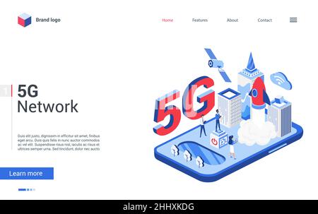 Creative modern concept landing page, design with cartoon 3d tech global network of high speed innovation telecommunication in smart city. Isometric 5 Stock Vector