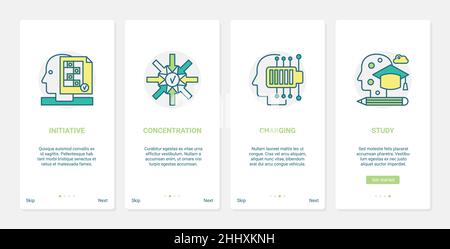 Human brain initiative processes to study charge concentrate vector illustration. UX, UI onboarding mobile app page screen set with line focus on busi Stock Vector