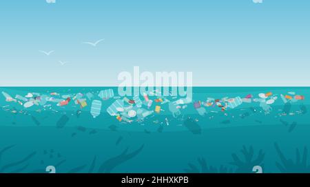 Plastic pollution trash on sea surface with different kinds of garbage - plastic bottles, bags, wastes floating in water. Sea ocean water pollution ba Stock Vector