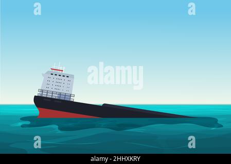 Wrecked oil tanker ship. Oil spill accident. Pollution Environment concept vector illustration Stock Vector
