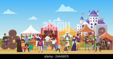 Medieval fairy tale middle ages fair market with nobility and poor people and castle on background Stock Vector