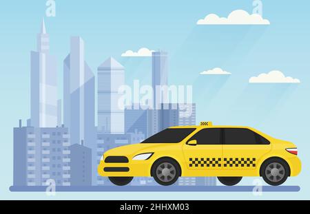 Yellow modern taxi car on the urban city background landscape vector illustration Stock Vector