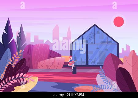 Luxury minimalistic contemporary building in evening fantasy colors park zone Stock Vector