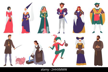 Medieval ages history people chartacters in costumes set Stock Vector
