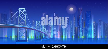 City bridge at night, neon light illuminated modern futuristic cityscape with skyscrapers Stock Vector