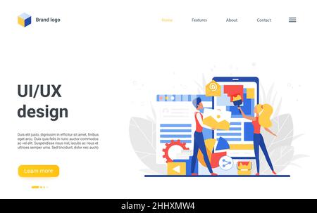 Website landing page design with cartoon flat tiny people creators team, designer characters create, construct mobile application, wireframe developme Stock Vector