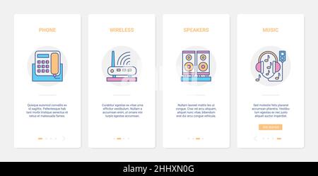 Home appliances for communication and entertainment vector illustration. UX, UI onboarding mobile app page screen set with line wireless internet symb Stock Vector