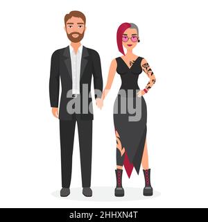 Unequal couple nonconformist woman in alternative fashion clothes with man in classic business suit Stock Vector