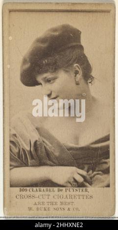 Card Number 309, Clarabel De Puyster, from the Actors and Actresses series (N145-3) issued by Duke Sons & Co. to promote Cross Cut Cigarettes 1880s Issued by W. Duke, Sons & Co. Trade cards from the set 'Actors and Actresses' (N145-3), issued in the 1880s by W. Duke Sons & Co. to promote Cross Cut Cigarettes. There are eight subsets of the N145 series. Various subsets sport different card designs and also promote different tobacco brands represented by W. Duke Sons & Company. This card is from the third subset, N145-3. Note that actors' names are spelled differently on cards throughout set and Stock Photo