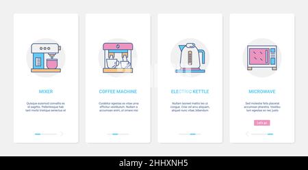 Household kitchen electrical home appliances for cooking food or drink vector illustration. UX, UI onboarding mobile app page screen set with line mix Stock Vector
