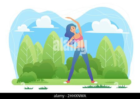 Yoga meditation in nature vector illustration. Cartoon active yogist woman character doing vrikshasana tree position, meditating in yoga asana, health Stock Vector